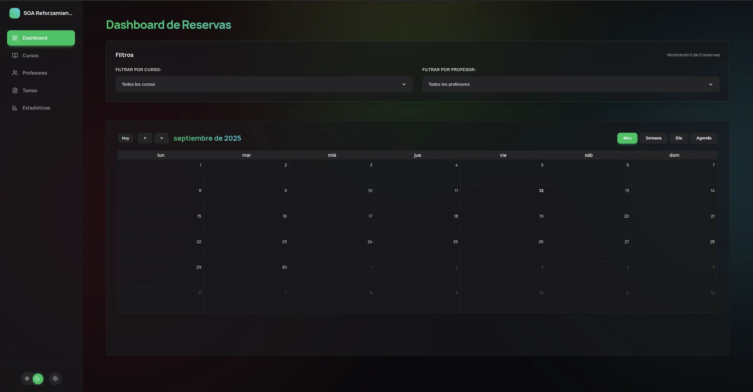 Sistema de gestión académica Agendate desarrollado por Promesa Digital - Panel de control con calendario, reservas y estadísticas en tiempo real