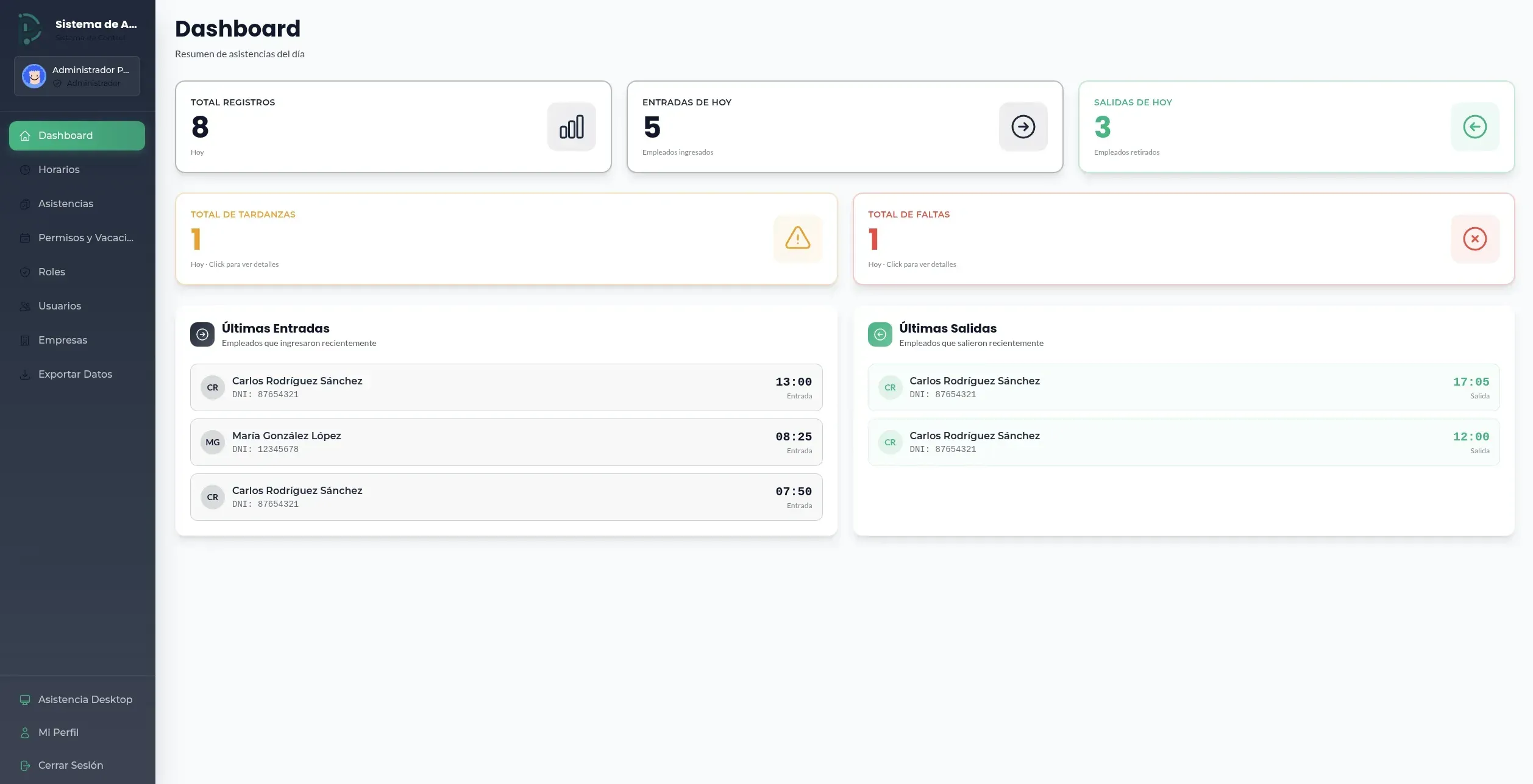 App de control de asistencias — dashboard con calendario de reservas y gestión académica