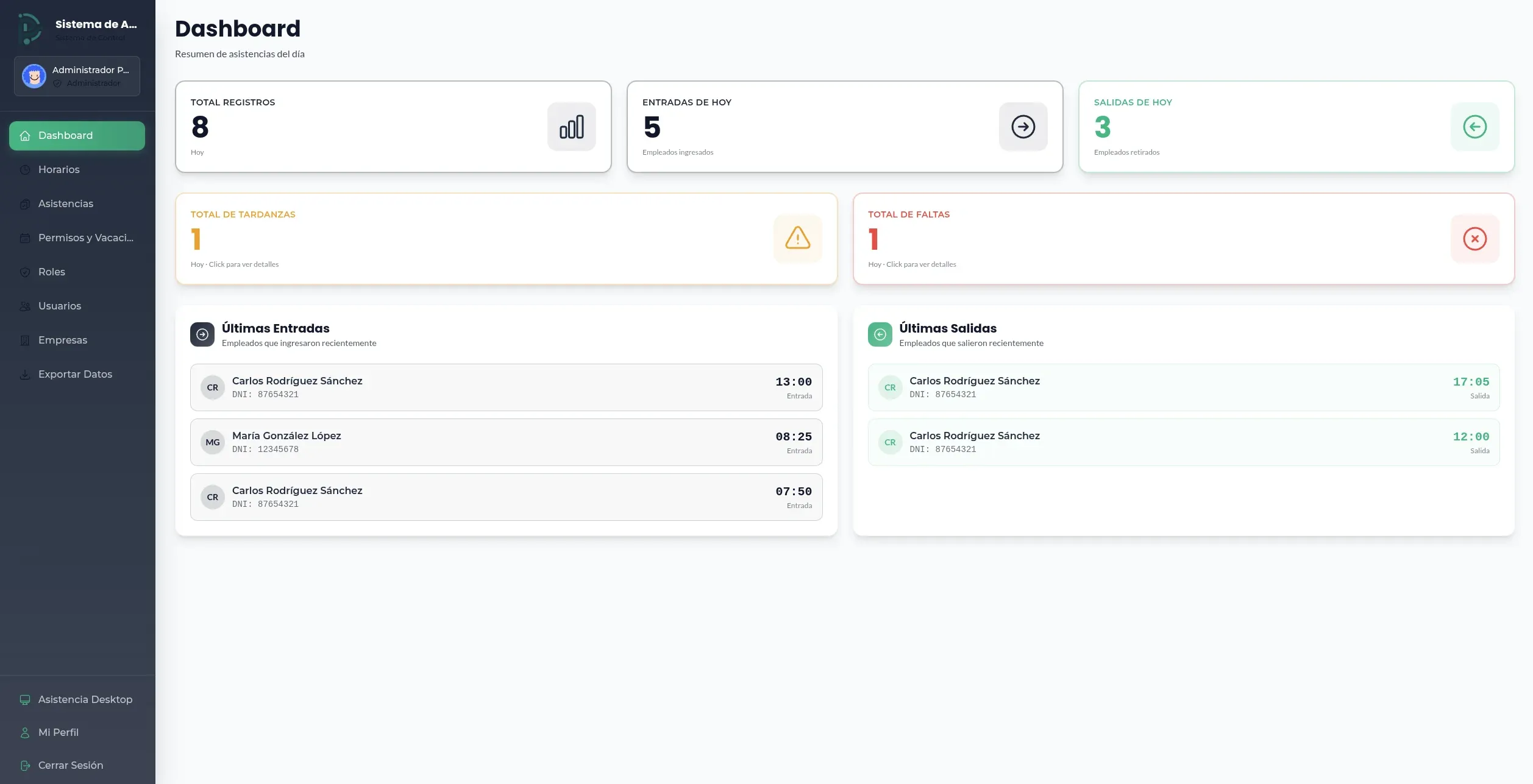 Sistema de control de asistencias desarrollado por Promesa Digital - Dashboard con entradas, salidas y registros en tiempo real